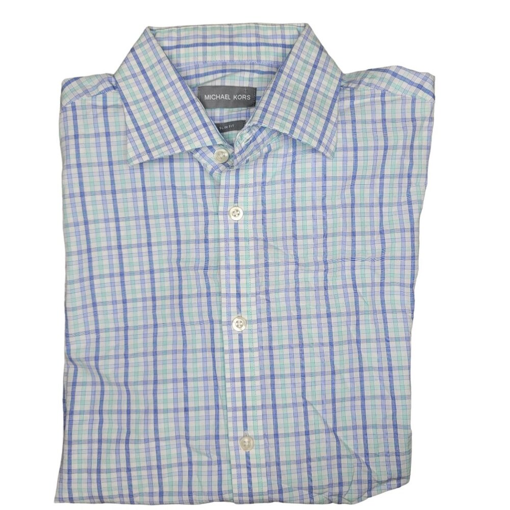 Michael Kors Men's Slim Fit Checkered Button-Up Shirt fall Size large 32/33 16